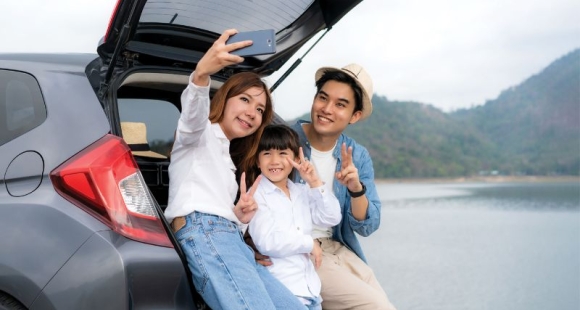 Asian family in the car